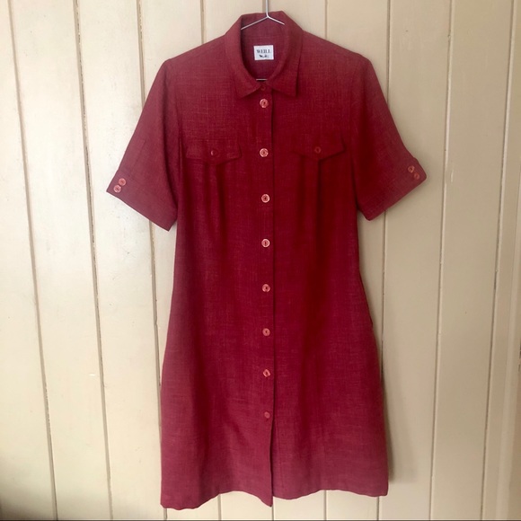 Weill Paris Cranberry Button Down Dress Linen Blen - Picture 4 of 9